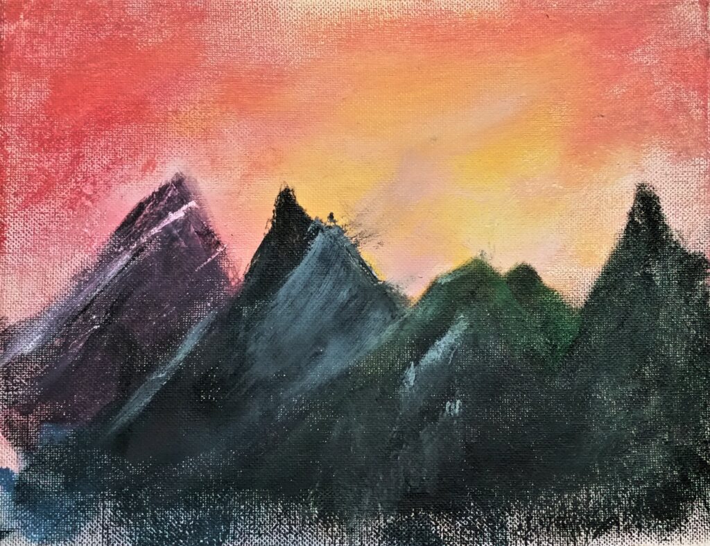 A painting of dark, shadowy mountains in front of an orange sky at sunset.